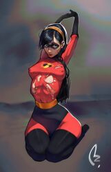 1girls 2024 black_hair bodysuit breasts disney extinctyellow female female_focus female_only gloves heroine light-skinned_female lipstick long_hair looking_at_viewer mask masked masked_female medium_breasts nipple_bulge pale_skin pixar ripped_clothing simple_background solo solo_female the_incredibles thin_female violet_parr watermark wide_hips