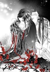 2boys ahoge alternate_hairstyle anal bbbeyonce099 bishounen blush bottomless branch chest_tattoo chinese_clothes closed_eyes clothes_down couple cum cum_in_ass cumdrip flower hair_down hair_ribbon hand_in_another's_hair hand_on_another's_back hand_on_another's_neck hanfu hickey highres holding holding_another's_hair holding_ribbon hug implied_sex kissing lan_wangji long_hair long_sleeves male male_focus modao_zushi monochrome multiple_boys red_flower red_ribbon ribbon robe saliva saliva_trail sex spot_color tattoo topless_male wei_wuxian wei_wuxian_(yiling_laozu) wide_sleeves yaoi