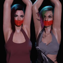2girls 3d armpits arms_above_head blender clothed cyberpunk_(series) cyberpunk_2077 female gag gagged judy_alvarez looking_at_viewer mouth_gag punk_hair tanktop theblendertaper v_(cyberpunk_2077)