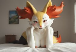 ai_generated anthro anthropomorphic beautiful bedroom big_breasts blue_eyes braixen breasts breeding_request female fox fox_girl fur furry generation_6_pokemon impregnation_request in_heat inviting_to_sex kneeling_on_ground looking_at_viewer pokemon pokemon_(species) seductive seductive_look seductive_smile sexy sexy_body sexy_pose tits_out wet_pussy
