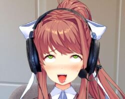 ahe_gao ahegao_face brown_hair conrad_honey doki_doki_literature_club downbadddlc_(doki_doki_literature_club) edit edited edited_image green_eyes headphones monika_(doki_doki_literature_club) real_person school_uniform twitter twitter_user_sona x_(social_media)