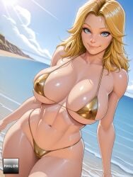 1female 1girls ai_generated bikini blonde_female blonde_hair blonde_hair_female female female_focus female_only golden_bikini invisible_woman invisible_woman_(marvel_rivals) large_breasts light-skinned_female light_skin long_hair looking_at_viewer marvel marvel_comics marvel_rivals only_female philon sue_storm