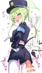 :d absurdres aoto_mei armband black_jacket black_shorts blue_archive blue_armband blush bulge commentary_request demon_tail disembodied_penis erection erection_under_clothes female from_behind gloves green_hair green_halo halo hand_on_own_ass hat highres jacket long_hair long_sleeves looking_at_viewer looking_back nozomi_(blue_archive) oerba_yun_fang open_mouth pantyhose pantylines partial_commentary peaked_cap penis penis_under_another's_clothes pointy_ears short_shorts shorts simple_background skin_fang smile tail tail_through_clothes translation_request twintails variant_set white_background white_gloves white_pantyhose yellow_eyes