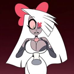 ai_generated charlie_morningstar charlie_morningstar_(hazbin_hotel) charlie_morningstar_(pilot) futa_on_female futa_pov futanari hazbin_hotel intersex looking_down on_bed paizuri penis_between_breasts self_upload surprised titjob vaggie vaggie_(hazbin_hotel) vaggie_(pilot)
