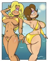 2girls big_breasts bikini bracelet brown_hair fan_character female female_focus female_only golden_bikini golden_week hair_over_one_eye micro_bikini nickelodeon pepemay93 the_loud_house