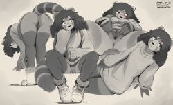 absurd_res ailurid anthro ass bent_over blush clothing female fluffy fluffy_tail footwear genitals greyscale hi_res looking_at_viewer mammal markings monochrome oversized_sleeves presenting presenting_pussy pussy red_panda shoes smile sneakers socks solo spread_pussy spreading striped_markings striped_tail stripes sweater tail tail_markings text the-minuscule-task topwear turtleneck url