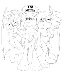 1boy 2girls anthro bernadette_hedgehog breasts fan_character female hedgehog humanoid icydirtball long_hair looking_at_viewer male mobian mobian_(species) monochrome nipples nude nude_female queen_aleena smiling sonic_(series) sonic_the_hedgehog_(archie) sonic_the_hedgehog_(comics) sonic_the_hedgehog_(series) sonic_underground tagme white_background wings