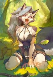 -_-abc 1girls ai_generated anthro big_breasts breasts cosplay dress ear_piercing ears female forest frieren_beyond_journey's_end furry grey_body grey_fur grey_hair hellhound helluva_boss large_breasts long_hair looking_at_viewer loona_(helluva_boss) on_knees open_mouth red_sclera solo tail two_tone_body two_tone_fur two_tone_tail ubel_(sousou_no_frieren) white_body white_eyes white_fur wolf wolf_girl