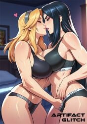 2girls ai_generated artifactglitch blonde_female breasts irelia_xan league_of_legends luxanna_crownguard panties riot_games side_view spoken_heart sweat sweatdrop underwear yuri