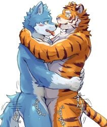 anthro ass blush blush_lines bodily_fluids canid canine canis cute_fangs duo fangs felid fluffy fluffy_tail frottage fur hi_res hug kemono looking_at_another male male/male mammal motion_lines multicolored_body multicolored_fur nude nude_anthro nude_male pantherine penile sex side_view simple_background striped_body striped_fur stripes sweat sweatdrop tail teeth text tiger tongue tongue_out toraya_inugami two_tone_body two_tone_fur wolf