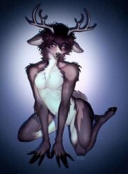 andromorph anthro antlers blush brown_body brown_fur cuntboy deer fur genitals gradient_background hi_res hooves horn intersex kb6 kneeling mammal multicolored_body multicolored_fur new_world_deer nude pussy reindeer scut_tail short_tail simple_background smile smiling_at_viewer solo tail white_body white_fur