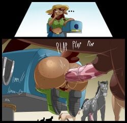 anal anal_sex angel_(lechugansfw) animal_genitalia animal_penis anthro ass balls big_butt boots bovid breeding_mount caprine clothed clothing comic duo equid equine equine_genitalia equine_penis female female_on_feral feral footwear genitals hat headgear headwear hi_res horse inside_breeding_mount lechugansfw male male/female mammal partially_clothed penetration penis pubes pussy sheep shoes simple_background zoophilia
