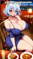 1girls 2025 ai_assisted ai_generated animal_ears anime areolae_visible_through_clothing artist_name bamboo_steamer bar bare_shoulders big_breasts breasts burger bust butter cat_ears cat_girl chair chest cleavage clothed_female collarbone covered_nipples dress drink drinking_glass drinking_straw eating female female_focus female_only food giant_breasts heavy_breasts hi_res high_quality high_resolution highres hot_dog huge_boobs huge_breasts hungry hunter_x_hunter lettuce looking_at_viewer massive_boobs massive_breasts nail_polish neferpitou nipples_visible_through_clothing off_shoulder omurice on_table patreon patreon_username plate pudding restaurant romantic_ambiance sitting skypassion solo stable_diffusion table tablecloth tray watermark wooden_table
