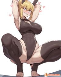 1girls armpits arms_up blonde_hair breasts bunny_ears bunny_girl darkness_(konosuba) female female_only huge_breasts kono_subarashii_sekai_ni_shukufuku_wo! konosuba muscular muscular_female nervous nervous_smile nipples_visible_through_clothing solo speedl00ver squatting stirrup_legwear stirrup_stockings stirrup_thighhighs sweat sweating sweaty sweaty_body thick_thighs thighhighs