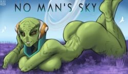 2025 absurd_res albinion alien alien_planet armwear artemis_(no_man's_sky) ass ass_focus big_breasts breasts clothing eyelashes facial_tattoo female filter first_person_view green_body green_skin head_tilt headgear headwear hi_res human humanoid interspecies long_eyelashes looking_at_viewer mammal no_man's_sky not_furry outside poster smile solo solo_focus tattoo text thick_eyelashes video_games
