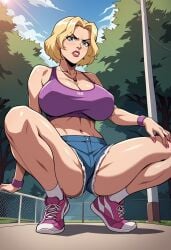 1girls ai_generated angry big_breasts big_breasts blonde_hair bracelet breasts breasts cleavage creature_commandos dc_comics female female female_focus female_only from_below huge_boobs huge_breasts ilana_rostovic jewelry large_boobs large_breasts looking_at_viewer looking_down looking_down_at_viewer necklace park running_shoes short_hair short_shorts shorts solo solo_female solo_focus sports_bra squatting squatting_female squatting_pose squatting_position trees workout_clothes zupern0va_(manipper)