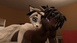 16:9 3d anthro black_hair bovid brown_body canid canine caprine carmila_(atoastedorange) duo eyewear female fox glasses goat hair half-closed_eyes hi_res inside joker0 leo_(atoastedorange) male male/female mammal narrowed_eyes sex tail tongue white_body widescreen