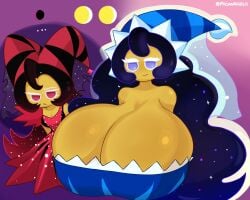 2girls alluring_crescent artist_name big_breasts blue_eyes blue_shorts breasts breasts_bigger_than_head breasts_to_breasts brown_skin cleavage cookie_run cookie_run_kingdom cookie_run_ovenbreak cosmic_hair female female_only fromariels moonlight moonlight_cookie night princess red_eyes red_shorts very_long_hair