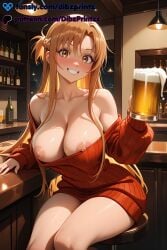 1girls ai ai_assisted ai_generated alcohol anime artist_name bar_(place) bare_shoulders beer_mug blush braid breasts brown_eyes brown_hair cleavage collarbone cup dibzprintz dress fansly female french_braid grin hi_res high_quality high_resolution highres holding holding_cup indoors large_breasts long_hair long_sleeves looking_at_viewer mole mole_on_breast mug night nipple_slip nipples no_bra off-shoulder_sweater off_shoulder patreon_logo patreon_username red_sweater short_ponytail sitting smile solo sweater sweater_dress sword_art_online teeth thighs very_long_hair watermark web_address yuuki_asuna