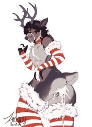 andromorph anthro antlers armwear bell bell_collar bodily_fluids brown_body brown_fur christmas christmas_armwear christmas_clothing christmas_legwear clothing collar cum cum_on_body cum_on_face cuntboy deer fur genital_fluids genitals hi_res holidays horn intersex jingle_bell jingle_bell_collar legwear looking_at_viewer lying mammal markings multicolored_body multicolored_fur new_world_deer on_side pussy reindeer scut_tail short_tail solo spots spotted_body spotted_fur tail thigh_highs tongue white_body white_fur zackusy
