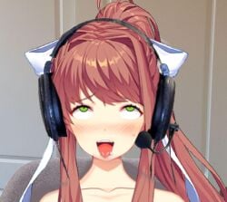 ahe_gao ahegao_face brown_hair cleavage conrad_honey doki_doki_literature_club downbadddlc_(doki_doki_literature_club) edit edited edited_image green_eyes headphones monika_(doki_doki_literature_club) nude nude_female real_person school_uniform twitter twitter_user_sona twitter_username x_(social_media)