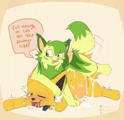 2024 absurd_res anal anal_sex bodily_fluids canid canine collar collar_only cum cum_drip cum_in_ass cum_inside dialogue digital_drawing_(artwork) digital_media_(artwork) dripping duo eclipse_(spoonfulofsuga) eeveelution english_text feral feral_on_feral feral_penetrated feral_penetrating feral_penetrating_feral fur generation_1_pokemon generation_9_pokemon genital_fluids hi_res inflation jolt_(wm149) jolteon male male/male male_penetrated male_penetrating male_penetrating_male mammal nintendo nude open_mouth penetration penile pokemon pokemon_(species) sex simple_background sketch smile speech_bubble spoonfulofsuga sprigatito tail tail_motion tailwag text tongue yellow_body yellow_fur