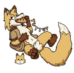 4_fingers al-cat balls bread canine clothed clothing food fox fur humanoid_penis male male_only mammal open_shirt orange_fur penis simple_background solo tuttut_(al-cat) white_fur