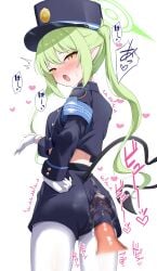 :d absurdres aoto_mei armband black_jacket black_shorts blue_archive blue_armband blush bulge commentary_request cum cum_on_ass cum_on_body cum_on_clothes demon_tail disembodied_penis ejaculation_under_clothes erection erection_under_clothes female from_behind gloves green_hair green_halo halo hand_on_own_ass hat highres jacket long_hair long_sleeves looking_at_viewer looking_back nozomi_(blue_archive) oerba_yun_fang open_mouth pantyhose pantylines partial_commentary peaked_cap penis penis_under_another's_clothes pointy_ears short_shorts shorts simple_background skin_fang smile tail tail_through_clothes translation_request twintails variant_set white_background white_gloves white_pantyhose yellow_eyes