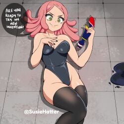 black_legwear boku_no_hero_academia fingernails hand_on_breast holding_object legwear long_hair mei_hatsume my_hero_academia on_back one-piece_lingerie painted_nails pink_hair speech speech_bubble susiehatter text thick_thighs thigh_highs thighhighs thighs vibrator yellow_eye