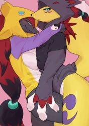 2025 2girls 3_fingers 3_toes absurd_res anthro bandai_namco black_sclera blue_eyes blush bottomless bottomless_anthro bottomless_female breasts breasts_to_breasts buta99 claws clothed clothed_anthro clothed_female clothing cosplay crossover digimon digimon_(species) digital_media_(artwork) duo female female_only finger_claws fingers fur generation_5_pokemon grey_body grey_fur hair hoodie looking_at_viewer nintendo partially_clothed partially_clothed_anthro partially_clothed_female pokemon pokemon_(species) red_hair renamon side_view simple_background smile smiling smiling_at_viewer smug smug_smile standing tail yellow_body yellow_fur yellow_tail zoroark