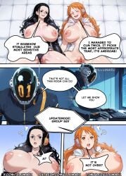 2025 ai_assisted ai_generated areolae breasts breasts_out clothing comic curvaceous curvy curvy_body curvy_female curvy_figure detailed doujinshi egghead egghead_outfit english_text female hi_res illumaru large_ass large_breasts male manga nami_(one_piece) nico_robin nipples one_piece one_piece:_egghead_arc orange_hair penis room slime slime_boy stable_diffusion tagme text thick_legs thick_thighs vegapunk_shaka voluptuous voluptuous_female webcomic
