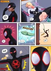 1boy 1girls 2d athletic athletic_female athletic_male busty dark-skinned_male dark_skin female gwen_stacy hourglass_figure interracial light-skinned_female light_skin male miles_morales naughtycomix parvad png speech_bubble spider-man:_across_the_spider-verse spider-man:_into_the_spider-verse spider-man_(series) tagme the_perverted_spider-man_(comic) wide_hips
