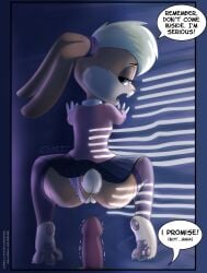 absurd_res all_fours bed bedroom_eyes bottomwear clothing dialogue furniture furnut genitals hi_res imminent_sex inside lola_bunny looking_at_viewer looking_back looney_tunes narrowed_eyes open_mouth panties pawpads penis pussy seductive skirt space_jam spread_legs spreading underwear warner_brothers
