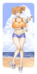 asymmetrical_hair bare_legs bare_shoulders beach bikini blue_eyes blush breasts cameltoe cleavage creatures_(company) crop_top day denim denim_shorts feet female female_focus game_freak gen_1_pokemon grin gym_leader hand_up highres huge_breasts kasumi_(pokemon) knees_together_feet_apart large_breasts legs legs_together looking_at_viewer midriff navel nintendo ocean orange_hair outdoors poke_ball pokemon pokemon_(anime) pokemon_(classic_anime) pokemon_rgby ponytail sandals shiny_skin shirt shoes short_hair short_shorts shorts side_ponytail sky smile solo standing suspenders swimsuit tank_top thick_thighs thigh_gap thighs water wristband yuthon