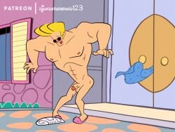 1boy accidental_exposure accurate_art_style balls blonde_hair blush djunderground123 embarrassed_nude_male flaccid johnny_bravo johnny_bravo_(series) male male_only muscular muscular_male naked newspaper nipples official_style on_model penis public_nudity slippers sunglasses tower wardrobe_malfunction