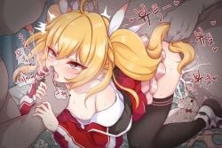 absurdres after_kiss ahoge all_fours black_thighhighs blonde_hair blue_archive blush breasts breasts_out collarbone cum cum_in_pussy cum_overflow daram_(shappydude) doggy_style dot_nose drooling fat fat_man female grabbing_another's_hair grabbing_another's_hand group_sex hair_between_eyes highres jacket kneehighs korean_text long_hair md5_mismatch mmf_threesome multiple_boys nipples no_bra pink_skirt pleated_skirt red_jacket saliva saliva_trail sex sidelocks size_difference skirt small_breasts socks sound_effects straight sweat tearing_up thighhighs threesome tongue tongue_out translation_request twintails vaginal_penetration yellow_eyes yoshimi_(blue_archive)