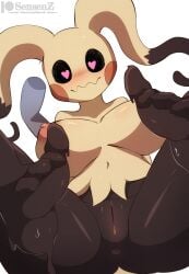 absurd_res anthro anus areola big_breasts blush breasts female generation_7_pokemon genitals heart_eyes heart_symbol hi_res mimikyu nintendo nipples nude pokemon pokemon_(species) pussy sensen simple_background solo thick_thighs