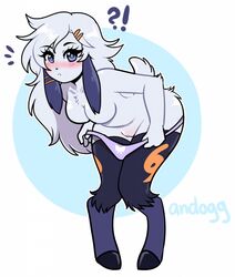 2017 ?! andogg anthro bent_over blue_eyes blush breasts caprine clothing female fur hi_res krisha_russel_(zeldrith) lamb looking_at_viewer mammal panties petite pussy sheep simple_background solo teenager underwear undressing white_fur white_hair