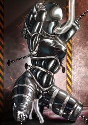bad_end belts bitchsuit bondage bondage_gear bondage_outfit bound bound_arms bound_legs damsel_in_distress death_(personification) death_devil devil devil_(chainsaw_man) digital_media_(artwork) four_horsemen gag gagged glowing_eyes intubation kneeling latex latex_bondage latex_clothing latex_suit mask masked masked_female mr.bones22 orange_eyes pink_hair ring_gag rubber rubber_clothing rubber_suit shiny trapped tube