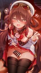 1boy absurdres ass_visible_through_thighs blush breasts brown_hair censored chinese_clothes clothes_lift dress dress_lift erection eyewear_on_head female flower-shaped_pupils genshin_impact grinding hair_between_eyes hat highres hu_tao_(cherries_snow-laden)_(genshin_impact) hu_tao_(genshin_impact) jewelry lifting_own_clothes long_hair long_sleeves m-da_s-tarou navel official_alternate_costume open_mouth panties penis red_eyes ring round_eyewear small_breasts smile straight sunglasses symbol-shaped_pupils thigh_gap thigh_sex thighhighs thighs twintails underwear v