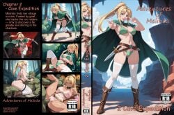 1girls 2025 ai_generated bikini bikini_bottom bikini_top blonde_hair caption cloak collage cover_page dagger day doujin_cover elf elf_ears elf_female english_text fake_cover female female_focus forest green_bikini green_eyes indoors kxy leather_boots light-skinned_female light_skin male male/female manga_cover orc orc_male orcs original original_character outdoors ponytail text upscaled white_stockings