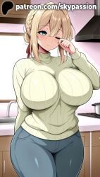 1girls 2025 ai_assisted ai_generated anime artist_name big_breasts big_breasts big_breasts big_chest blonde_hair blush braid breasts breasts breasts bust busty chest clothed_female cup denim female female_focus female_only hi_res high_quality high_resolution highres jeans kitchen large_breasts pants patreon patreon_username ribbed_sweater ribbon sitting skypassion smile solo stable_diffusion sweater table violet_evergarden violet_evergarden_(character) watermark