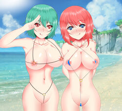 2girls beach bikini blue_eyes blush breasts collarbone green_hair groin large_breasts multiple_girls navel nipples raiko_horikawa red_eyes red_hair touhou yuka_kazami