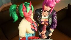 1boy 2girls 3d 3d_(artwork) big_breasts big_penis cleavage cleavage_cutout downblouse female fortnite green_hair handjob looking_at_viewer looking_up_at_viewer macklesternsfw male nemia_(fortnite) oni oni_horns penis pink_hair pov power_punk_(fortnite) punk punk_girl rubbing_tip twintails