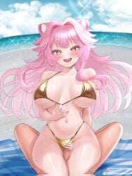 1boy :d bar_censor beach beach_towel bikini blush breasts cat_girl censored cloud day female gold_bikini hair_intakes highres hiroshi_shin hololive hololive_english hololive_english_-justice- large_breasts long_hair looking_at_viewer male mosaic_censoring navel oerba_yun_fang outdoors penis raora_panthera smile solo_focus stomach straight swimsuit thigh_sex towel very_long_hair virtual_youtuber yellow_eyes