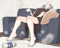 1futa az84997592 barefoot bottle brown_dress couch cum cum_in_container cum_pool dress ejaculation excessive_cum feet female full_body futanari futanari_masturbation grey_hair head_back highres indoors intersex long_hair masturbation on_couch original projectile_cum short_sleeves sitting solo trembling