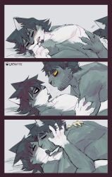 anthro blush bonehand_(catkitte) catkitte comic cousins_(lore) domestic_cat duo eye_contact felid feline felis fellatio hand_on_chest hand_on_head hi_res hug incest_(lore) kiss_on_lips looking_at_another looking_pleasured lying making_out male male/male mammal nude_anthro nude_male offscreen_sex oral penile penis romantic sex ugly_cat_(catkitte)