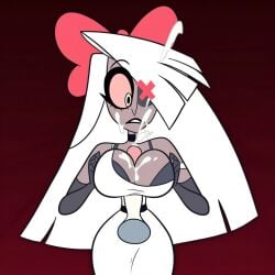 ai_generated charlie_morningstar charlie_morningstar_(hazbin_hotel) charlie_morningstar_(pilot) cum futa_on_female futa_pov futanari hazbin_hotel intersex looking_down on_bed paizuri penis_between_breasts self_upload surprised titjob vaggie vaggie_(hazbin_hotel) vaggie_(pilot)