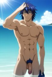 aesthetica_of_a_rogue_hero ai_art ai_assisted ai_generated beach flaccid gay hagure_yuusha_no_estetica hand_on_hair hand_on_head holding_underwear male male_focus male_only naked ocean ousawa_akatsuki parted_lips penis pubic_hair sunlight wet wet_body