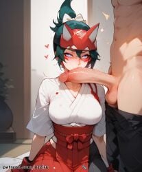 absurd_res ai_generated blowjob cock cock_worship facial_markings female green_hair hi_res highres kiriko_(overwatch) licking licking_penis overwatch overwatch_2 ozziru patreon penis ponytail self_upload topknot uncensored